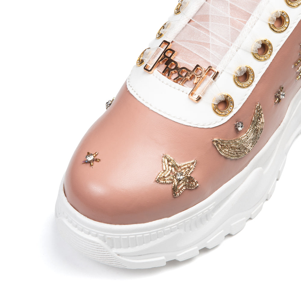The Adriana Luxury Nude Satin Embellished Trainer