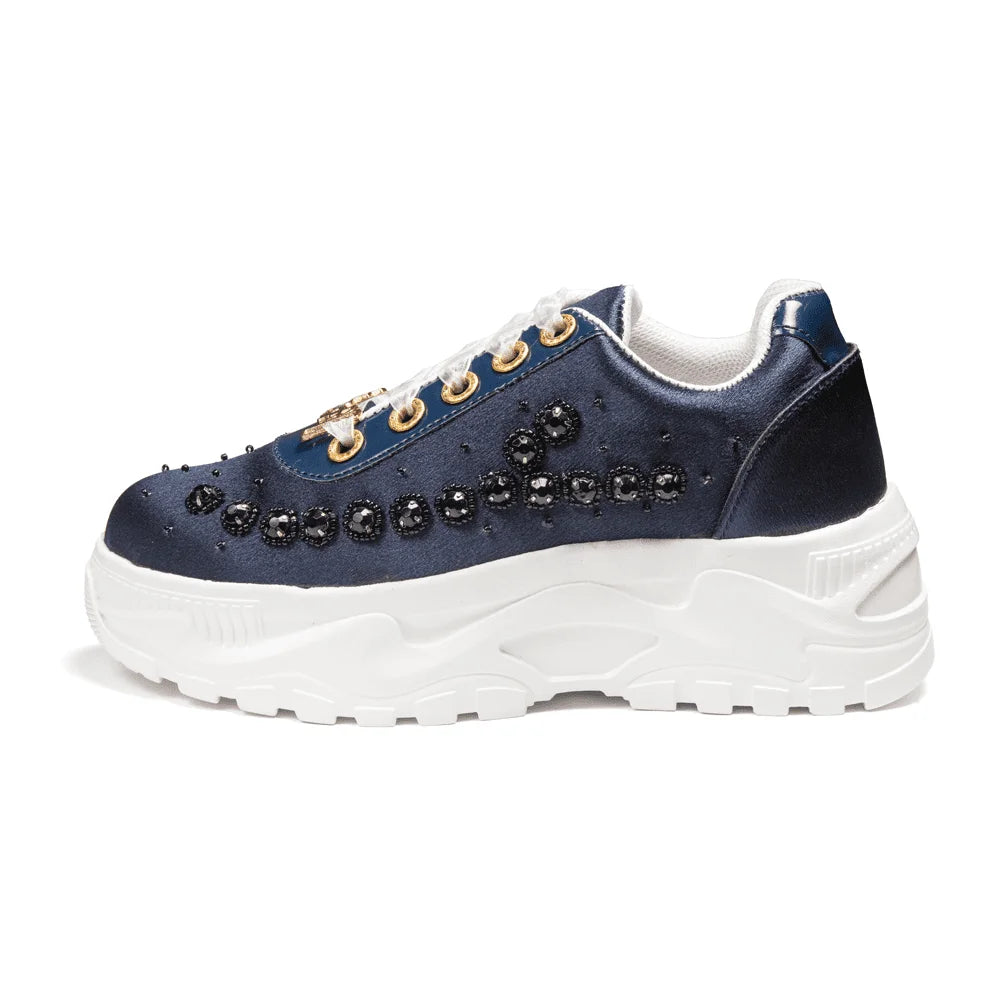The Evalynn Luxury Navy Satin Embellished Trainer