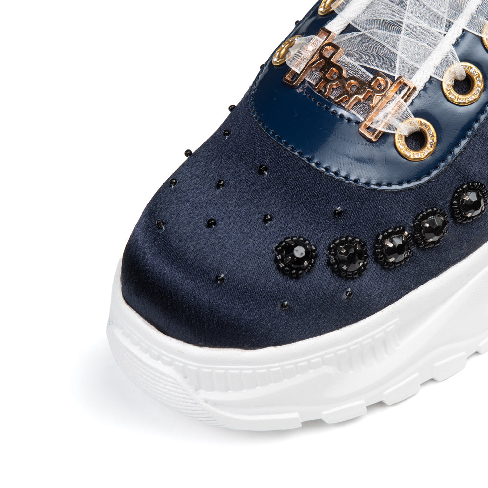 The Evalynn Luxury Navy Satin Embellished Trainer