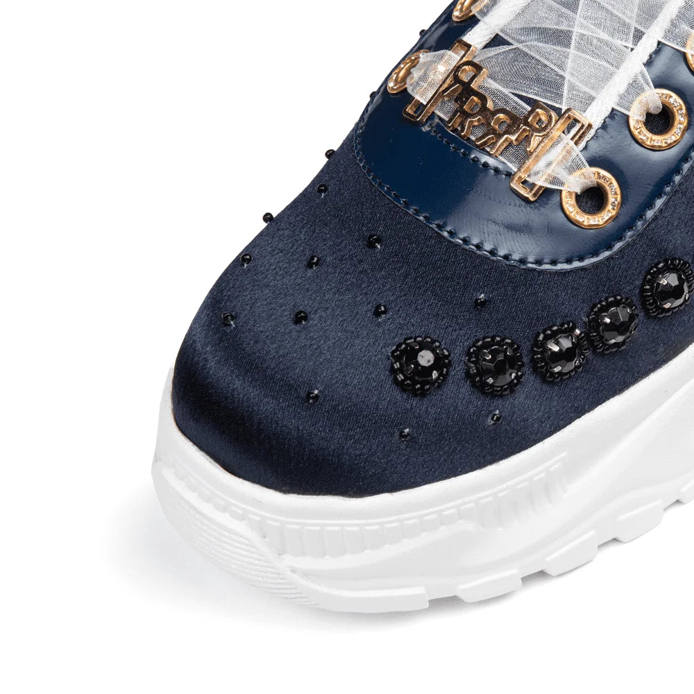 The Evalynn Luxury Navy Satin Embellished Trainer