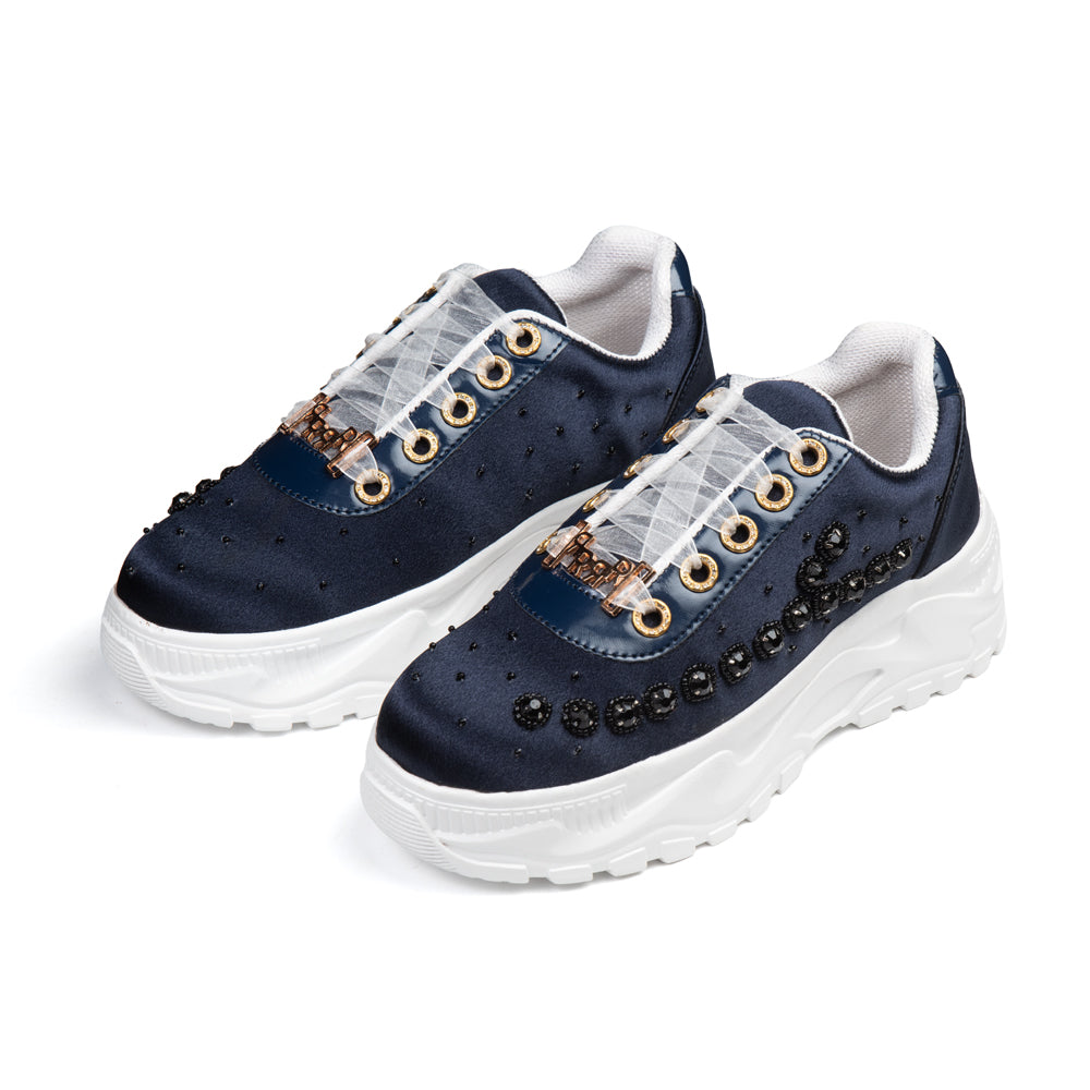 The Evalynn Luxury Navy Satin Embellished Trainer
