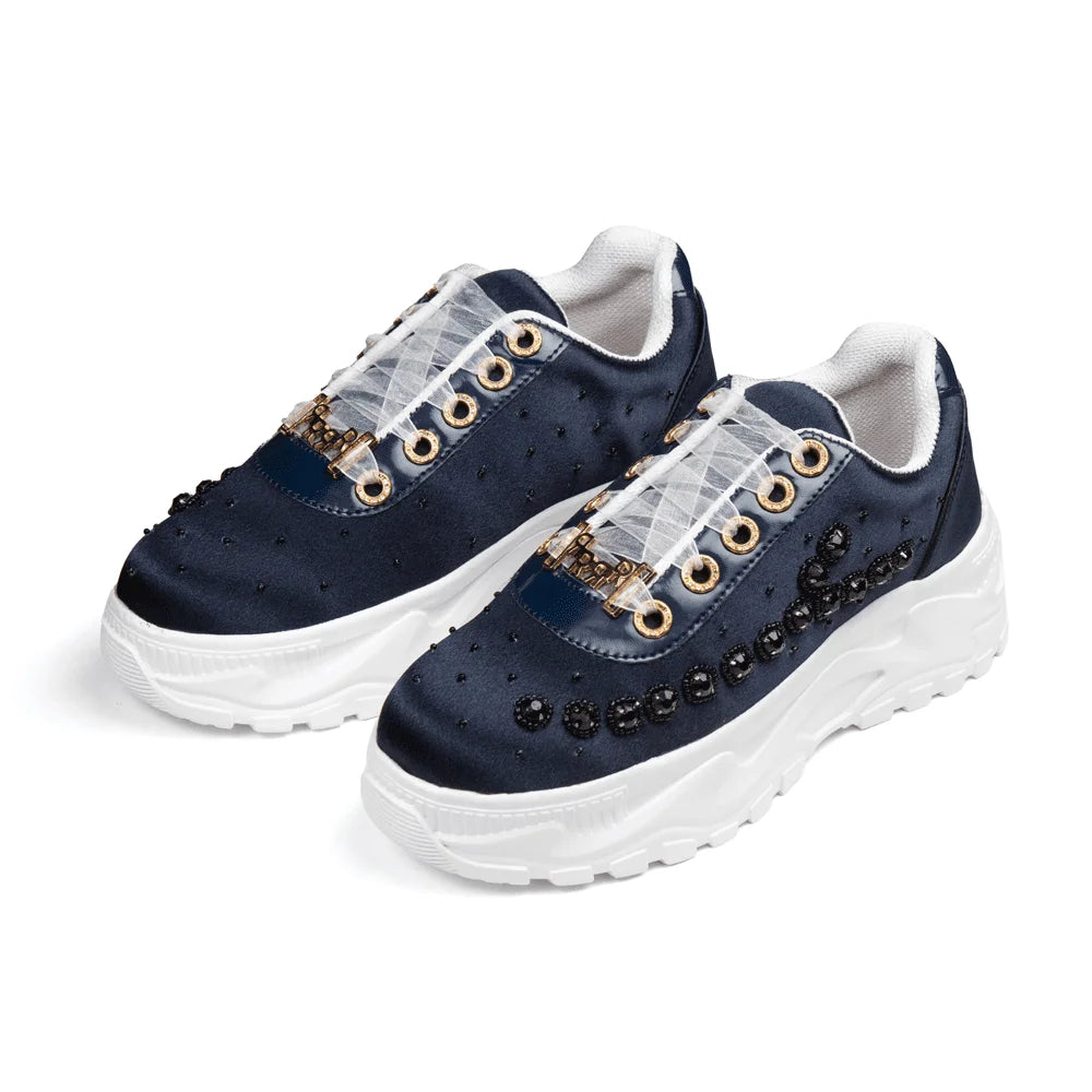The Evalynn Luxury Navy Satin Embellished Trainer