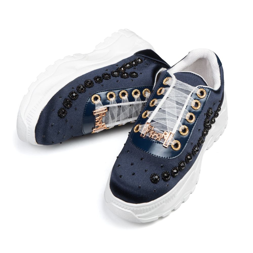 The Evalynn Luxury Navy Satin Embellished Trainer