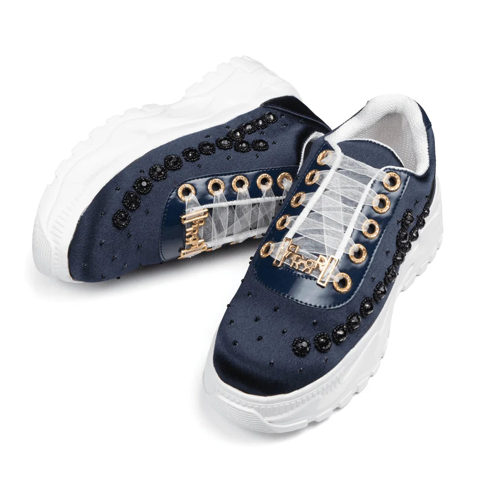 The Evalynn Luxury Navy Satin Embellished Trainer