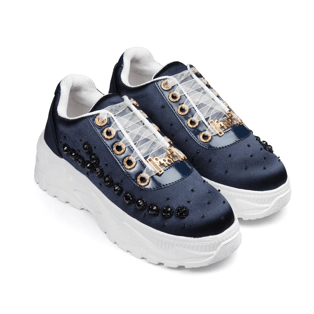 The Evalynn Luxury Navy Satin Embellished Trainer