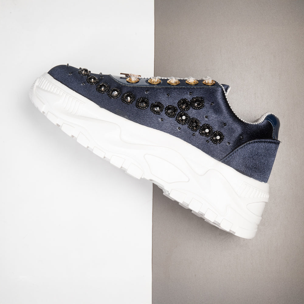 The Evalynn Luxury Navy Satin Embellished Trainer