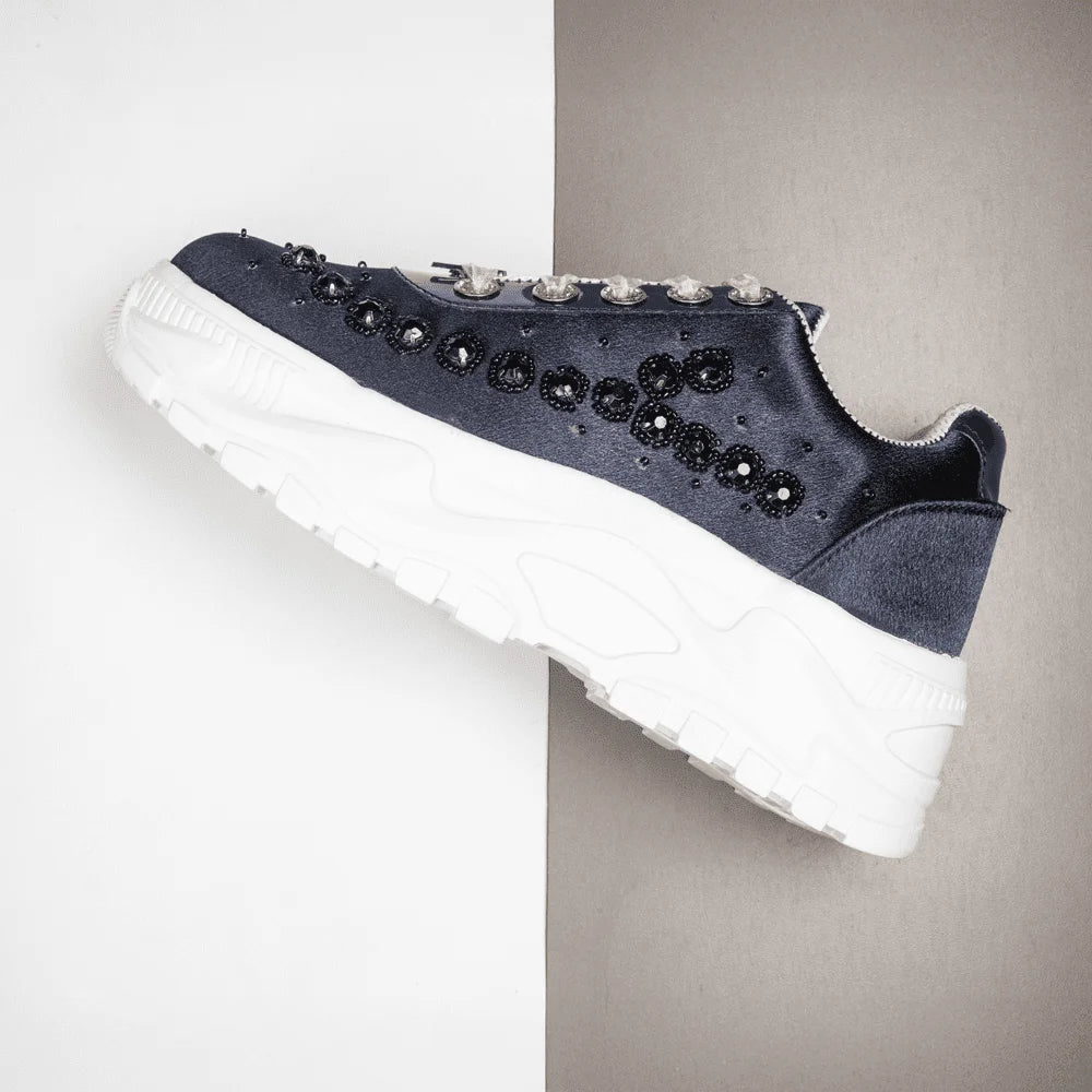 The Evalynn Luxury Navy Satin Embellished Trainer