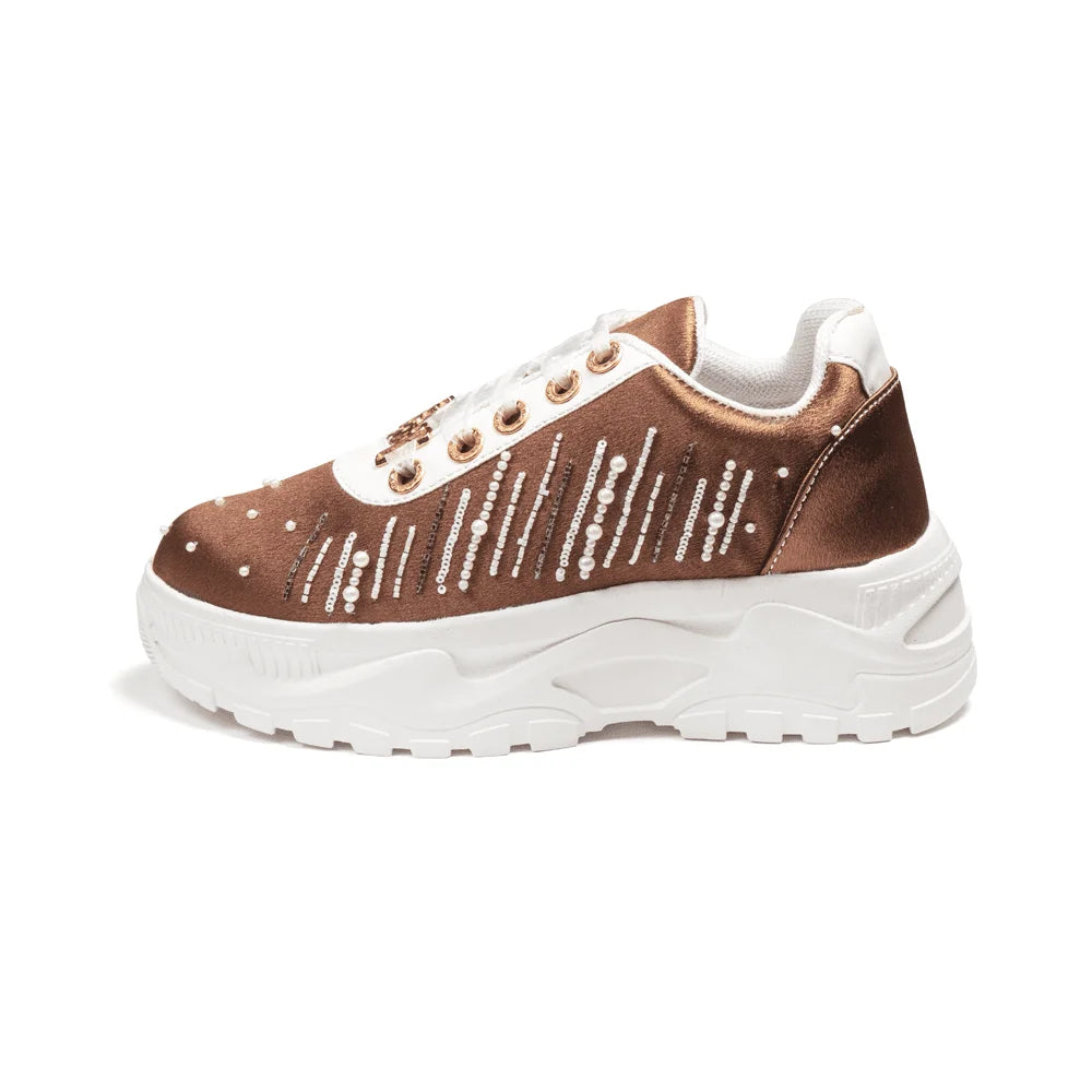 The Catherine Luxury Mocha Satin Embellished Trainer