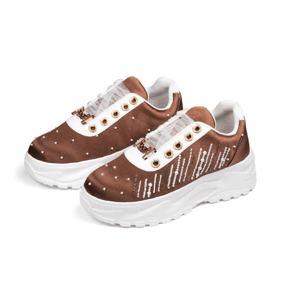 The Catherine Luxury Mocha Satin Embellished Trainer