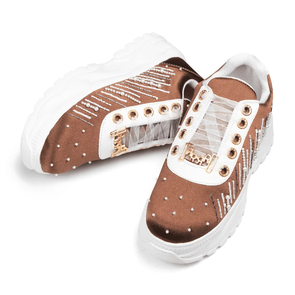 The Catherine Luxury Mocha Satin Embellished Trainer