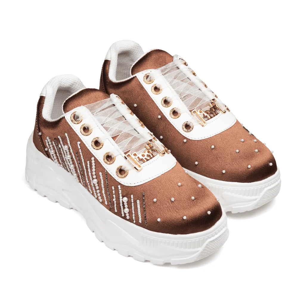 The Catherine Luxury Mocha Satin Embellished Trainer