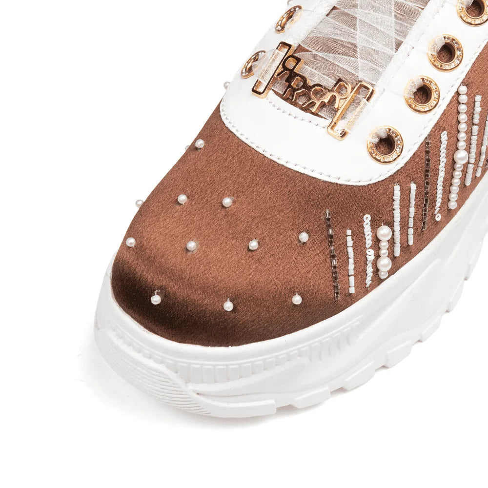 The Catherine Luxury Mocha Satin Embellished Trainer