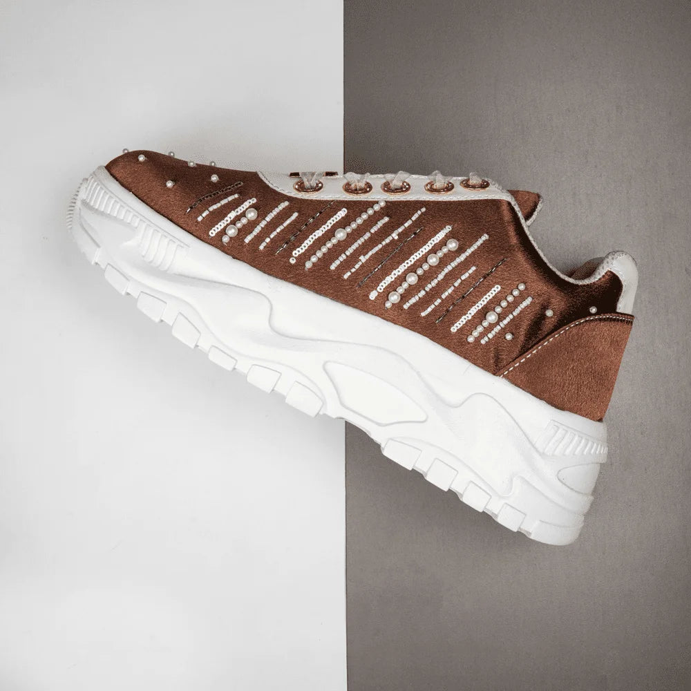 The Catherine Luxury Mocha Satin Embellished Trainer