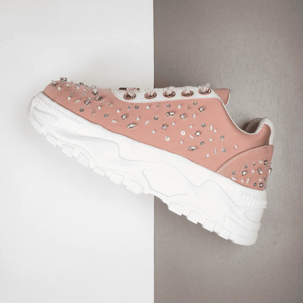 The Nicole Luxury Dusky Pink Satin Embellished Trainer