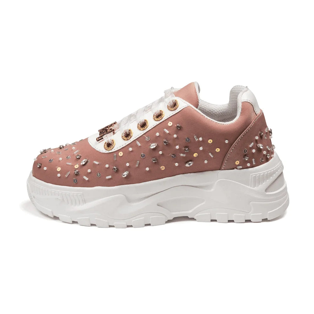 The Nicole Luxury Dusky Pink Satin Embellished Trainer