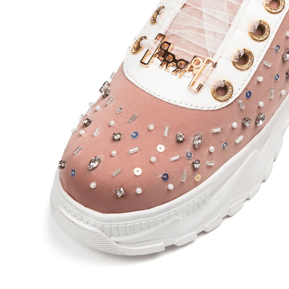 The Nicole Luxury Dusky Pink Satin Embellished Trainer