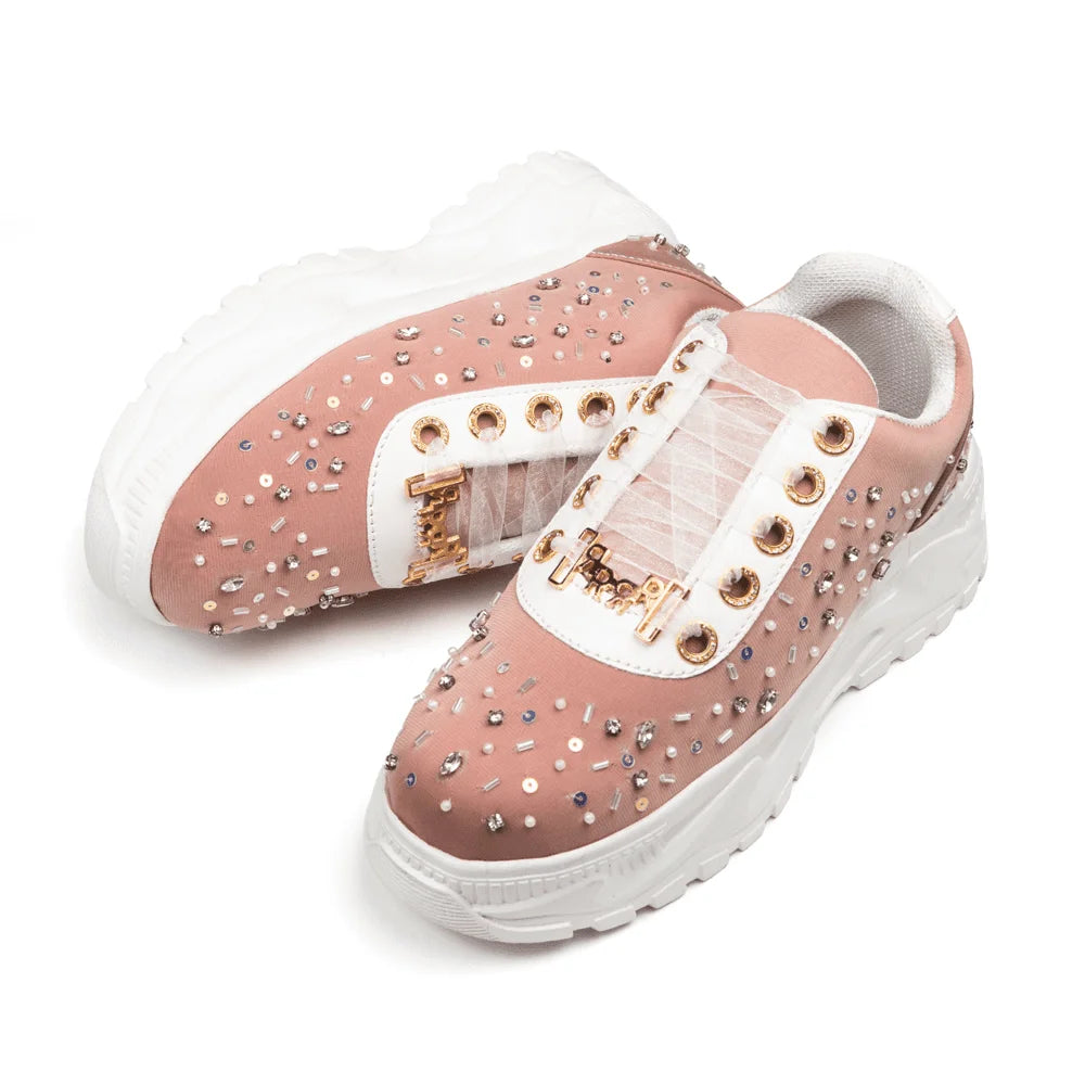 The Nicole Luxury Dusky Pink Satin Embellished Trainer