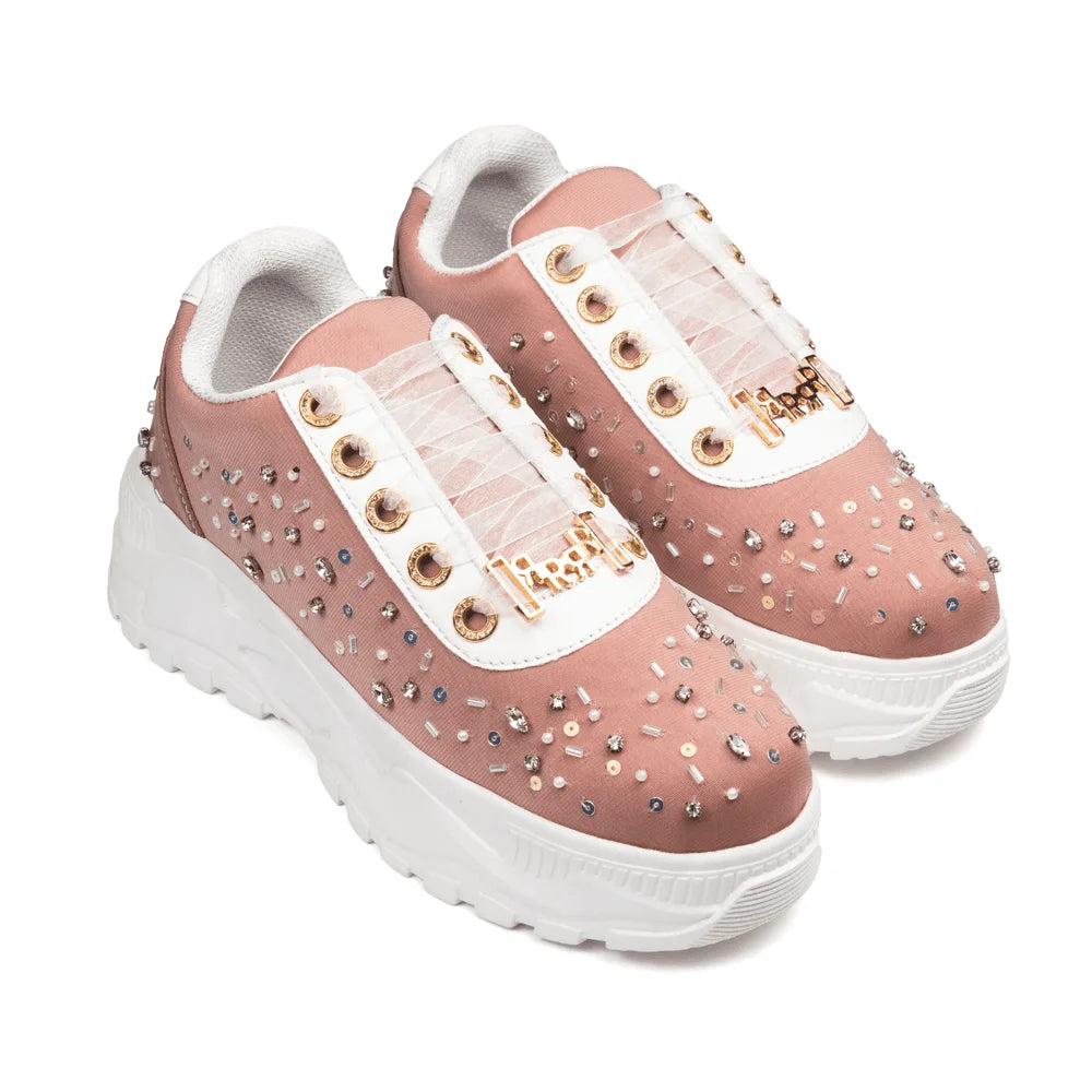 The Nicole Luxury Dusky Pink Satin Embellished Trainer