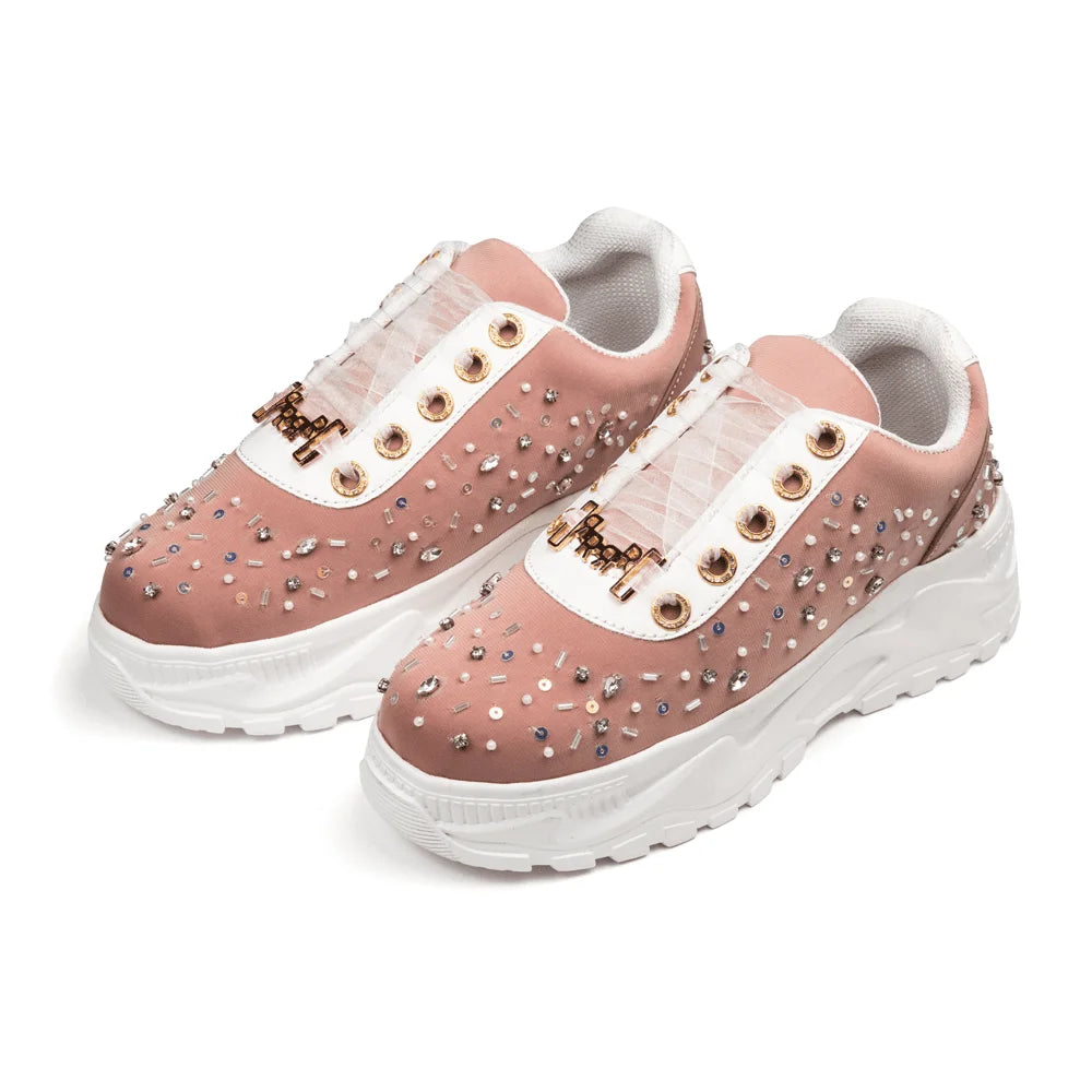 The Nicole Luxury Dusky Pink Satin Embellished Trainer