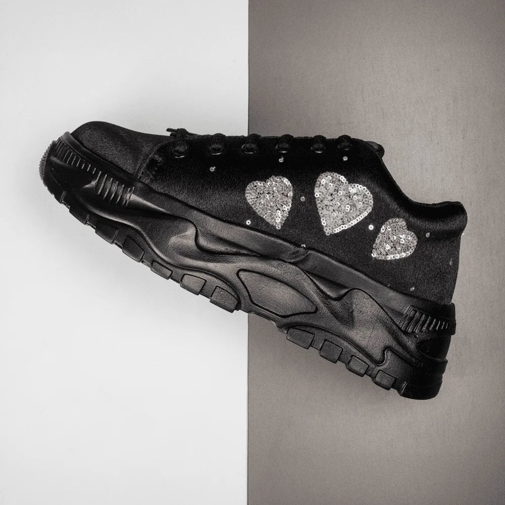 The Aitana Luxury Black Satin Embellished Trainer