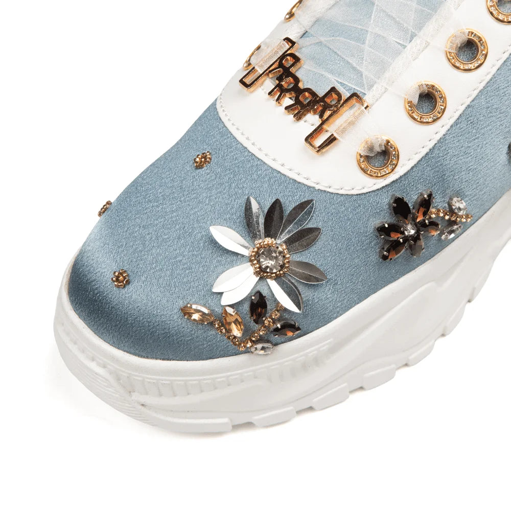 The Raegan Luxury Dusky Blue Satin Embellished Trainer
