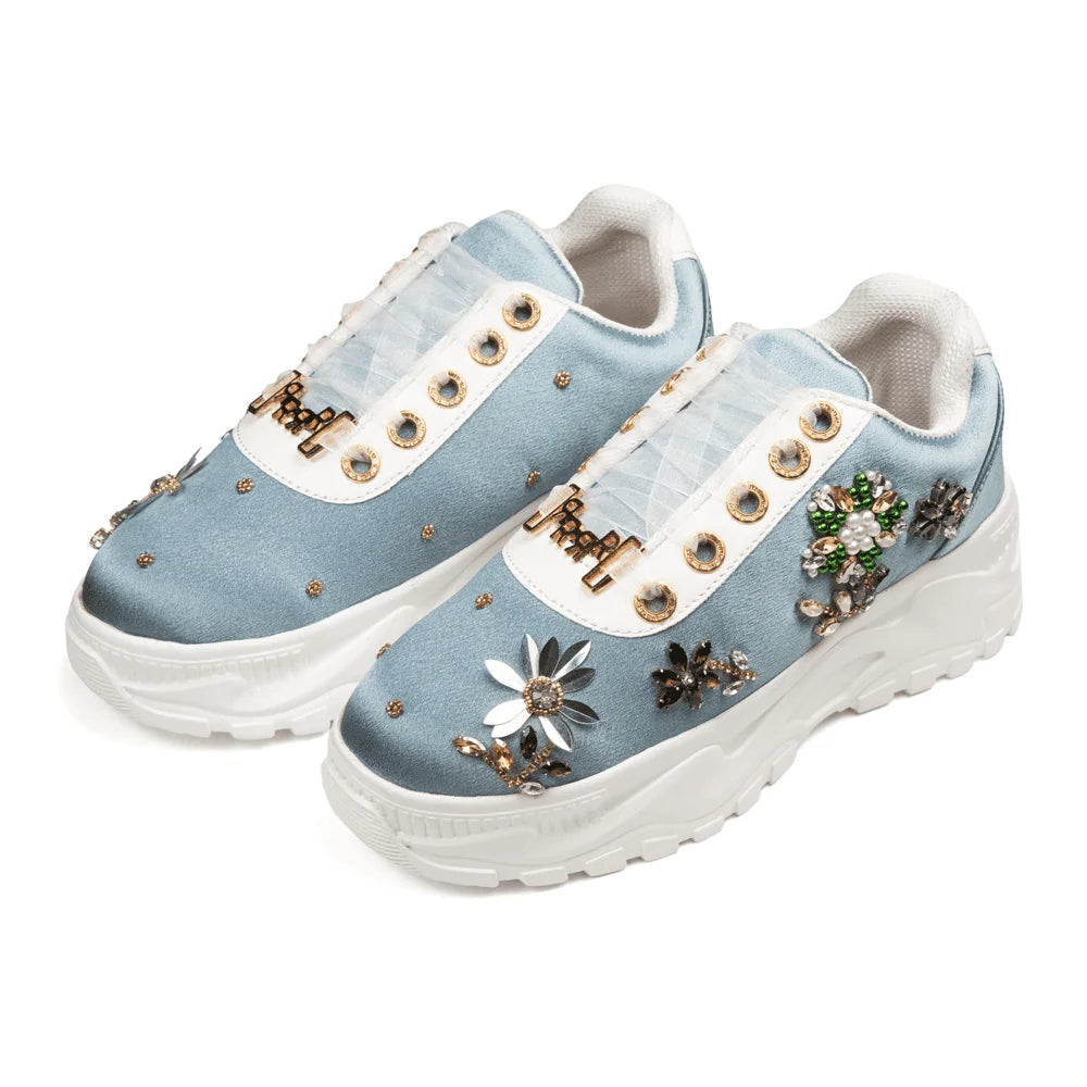 The Raegan Luxury Dusky Blue Satin Embellished Trainer