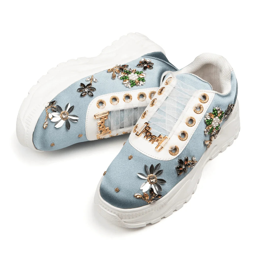 The Raegan Luxury Dusky Blue Satin Embellished Trainer