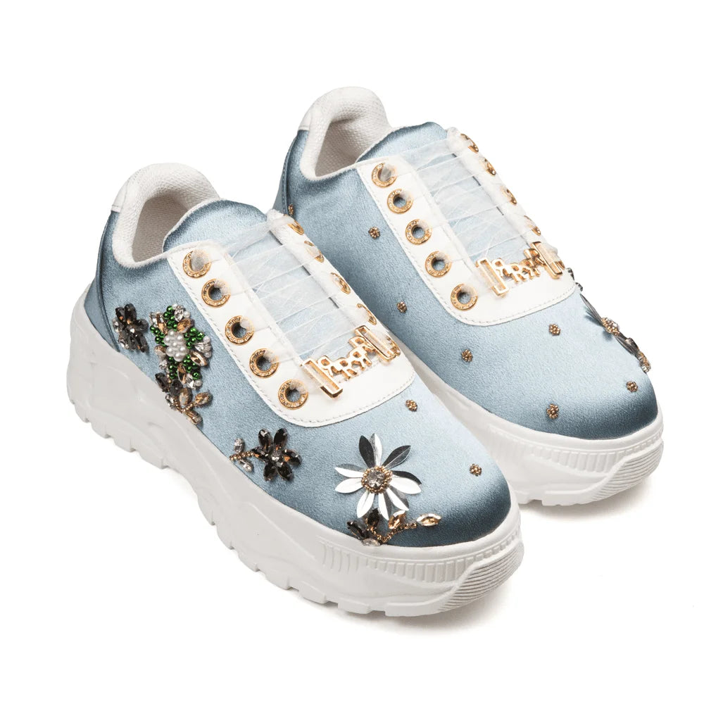 The Raegan Luxury Dusky Blue Satin Embellished Trainer