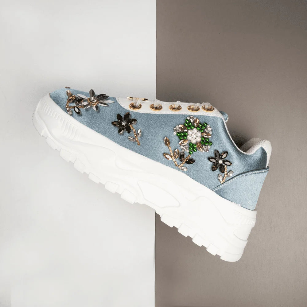 The Raegan Luxury Dusky Blue Satin Embellished Trainer
