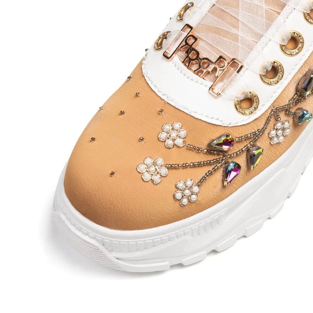 The Joanna Luxury Tan Satin Embellished Trainer