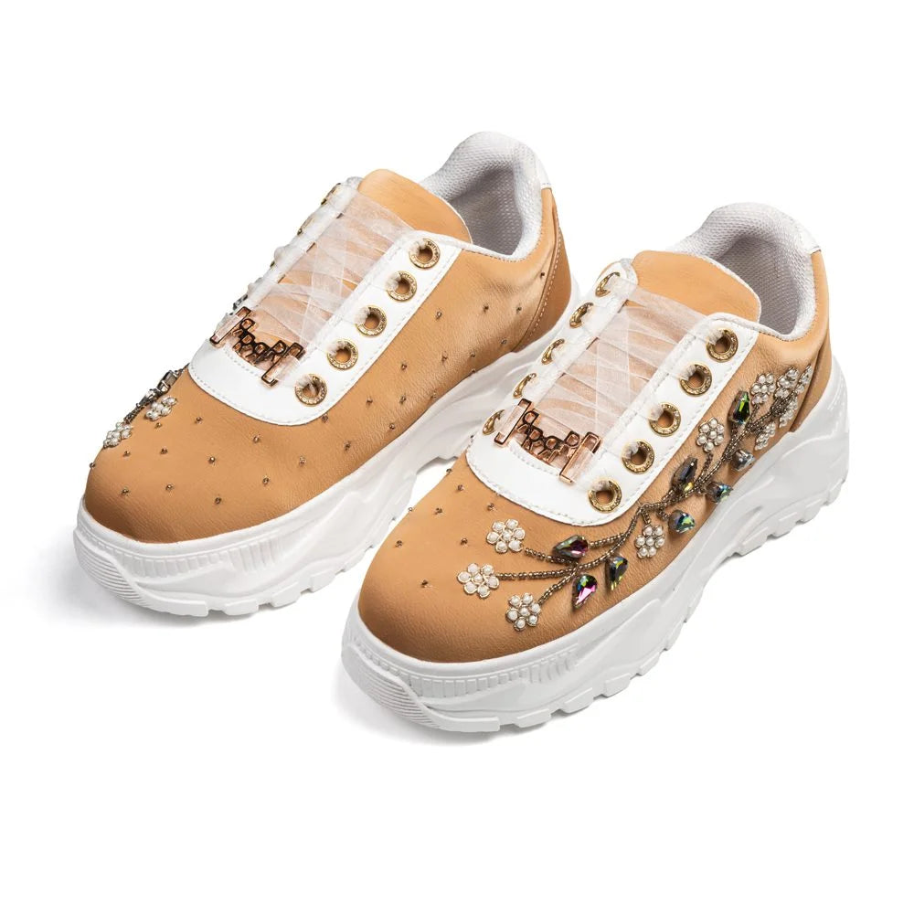 The Joanna Luxury Tan Satin Embellished Trainer
