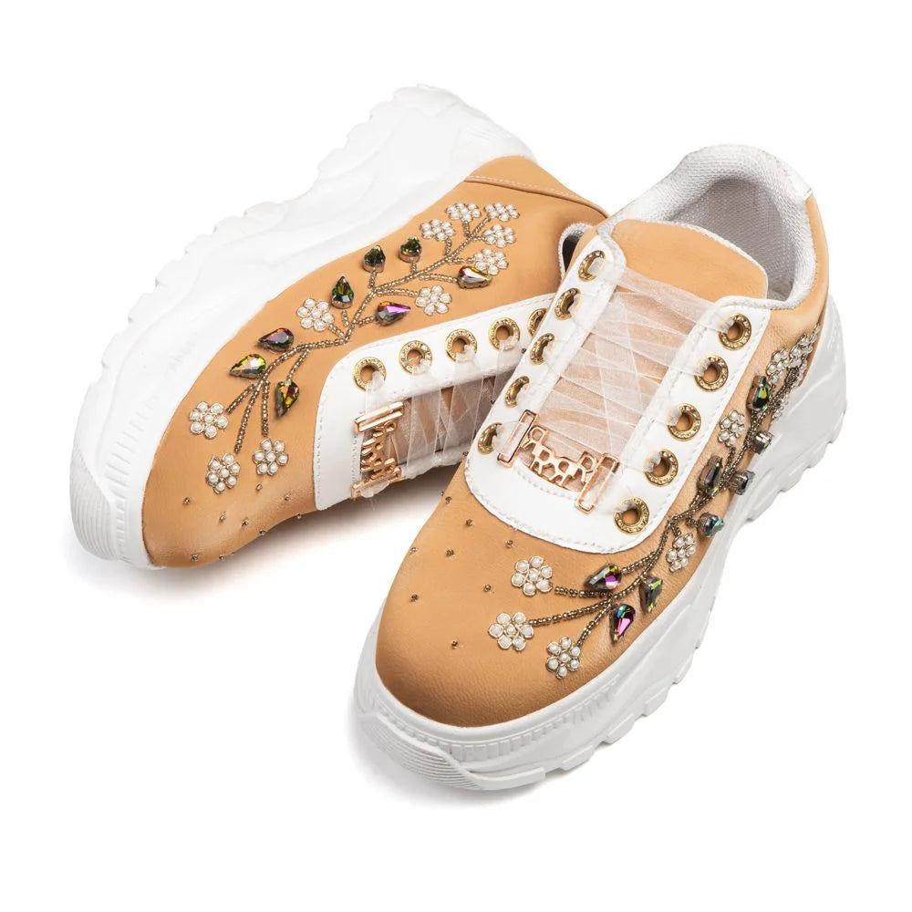 The Joanna Luxury Tan Satin Embellished Trainer