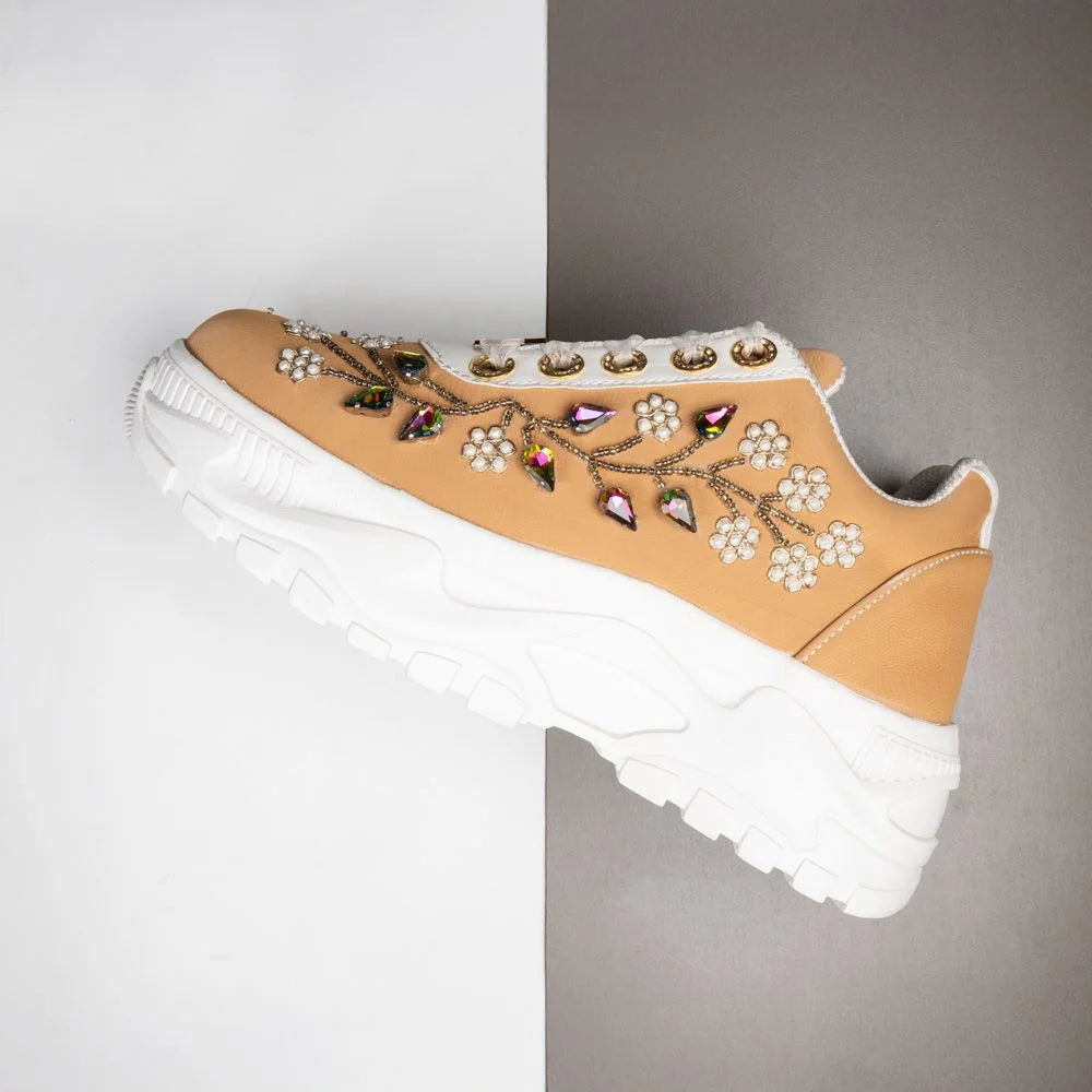 The Joanna Luxury Tan Satin Embellished Trainer