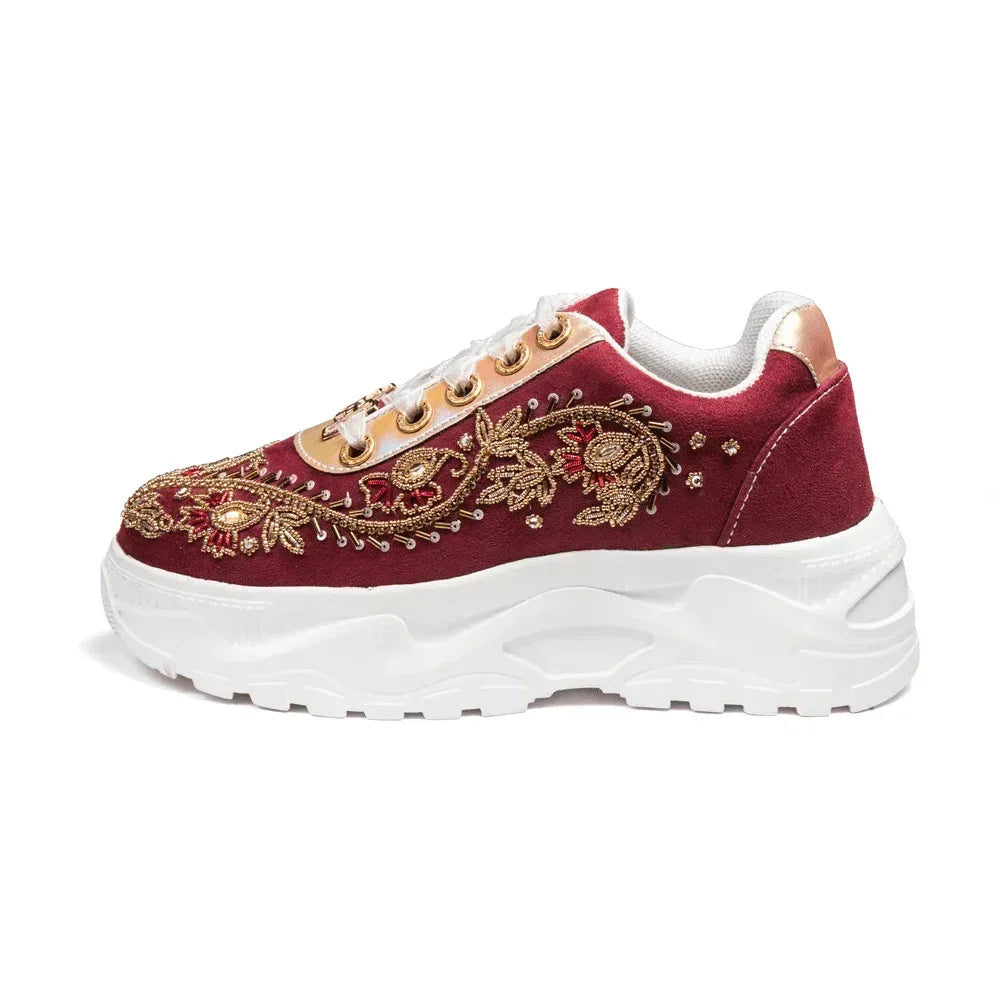 The Rory Luxury Ruby Satin Embellished Trainer