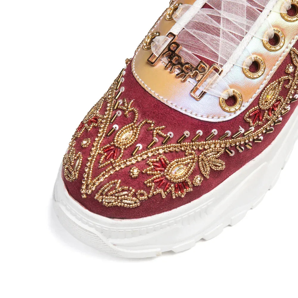 The Rory Luxury Ruby Satin Embellished Trainer