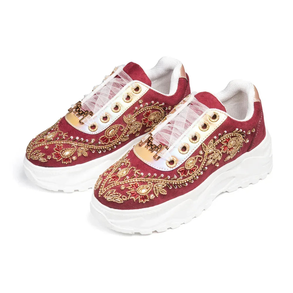 The Rory Luxury Ruby Satin Embellished Trainer