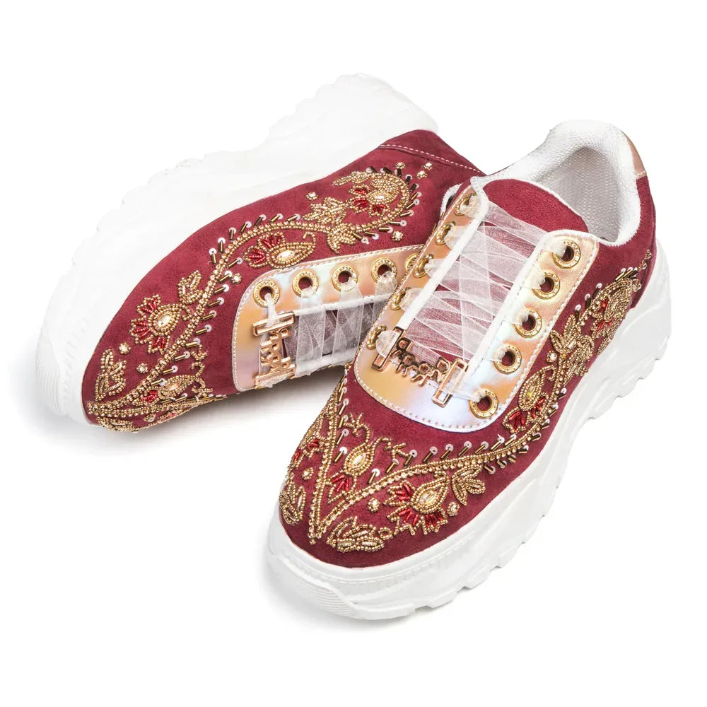 The Rory Luxury Ruby Satin Embellished Trainer