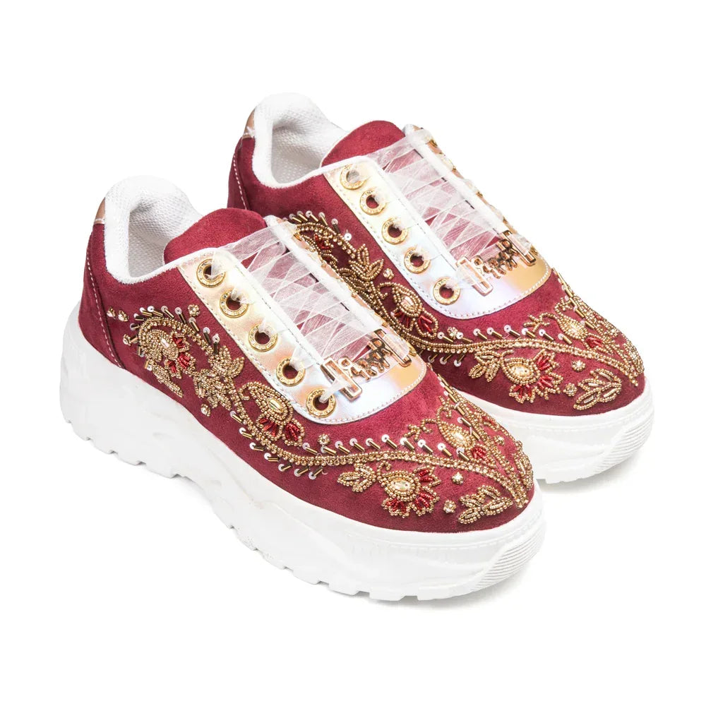 The Rory Luxury Ruby Satin Embellished Trainer