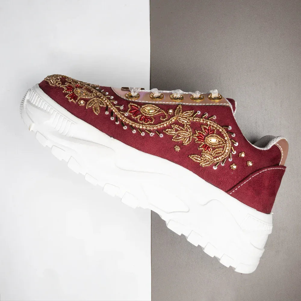 The Rory Luxury Ruby Satin Embellished Trainer
