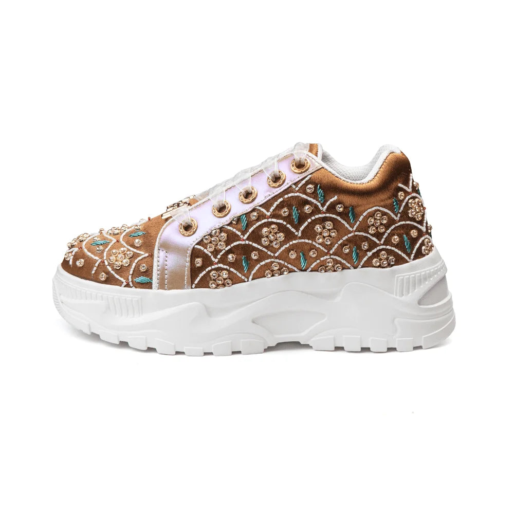 The Poppy Luxury Dark Tan Satin Embellished Trainer