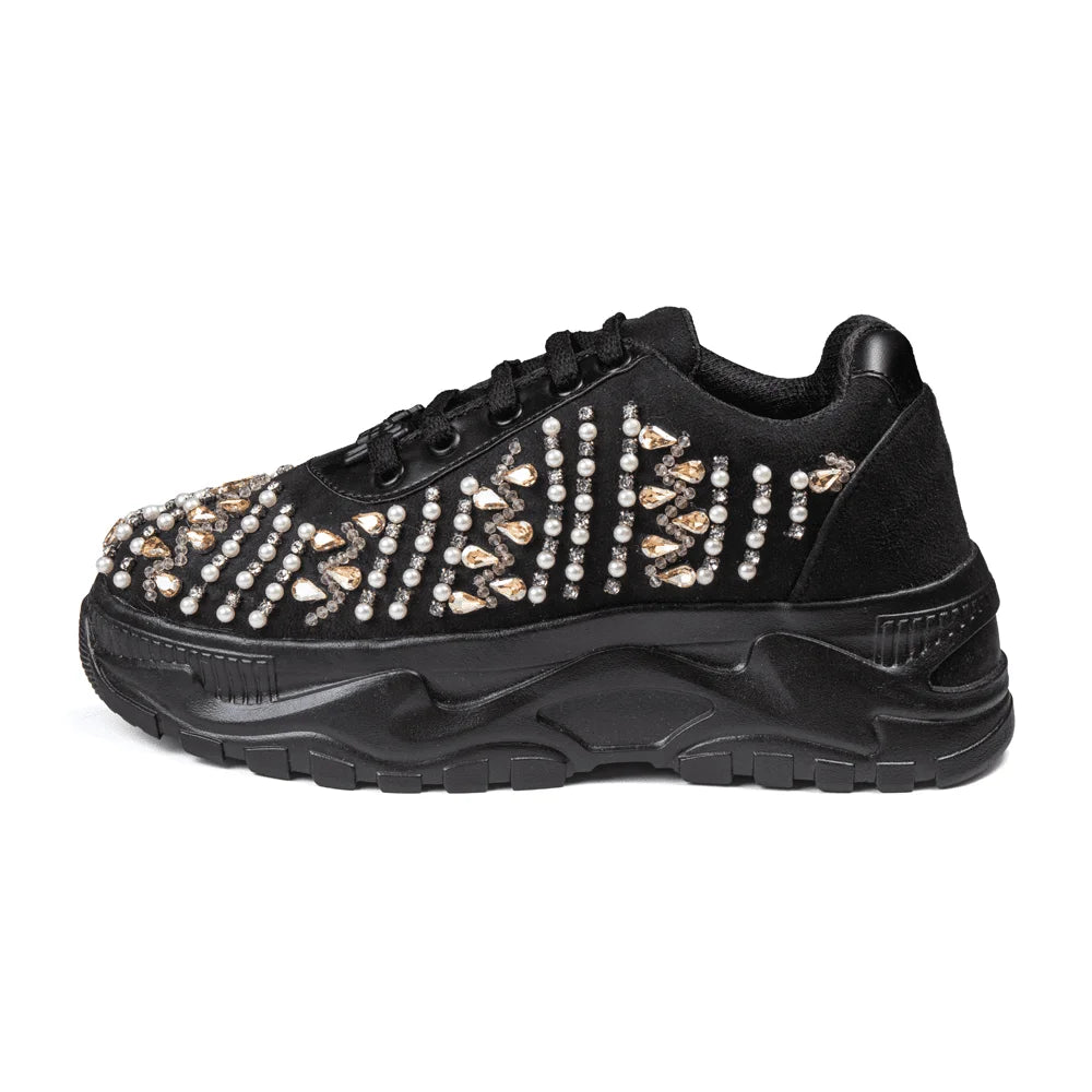 The Tessa Luxury Black Satin Embellished Trainer