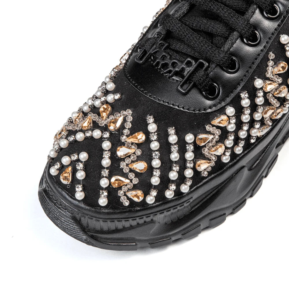 The Tessa Luxury Black Satin Embellished Trainer