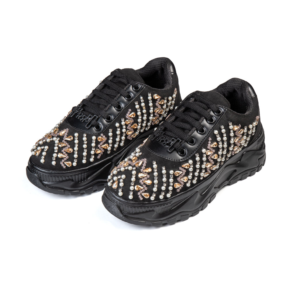 The Tessa Luxury Black Satin Embellished Trainer
