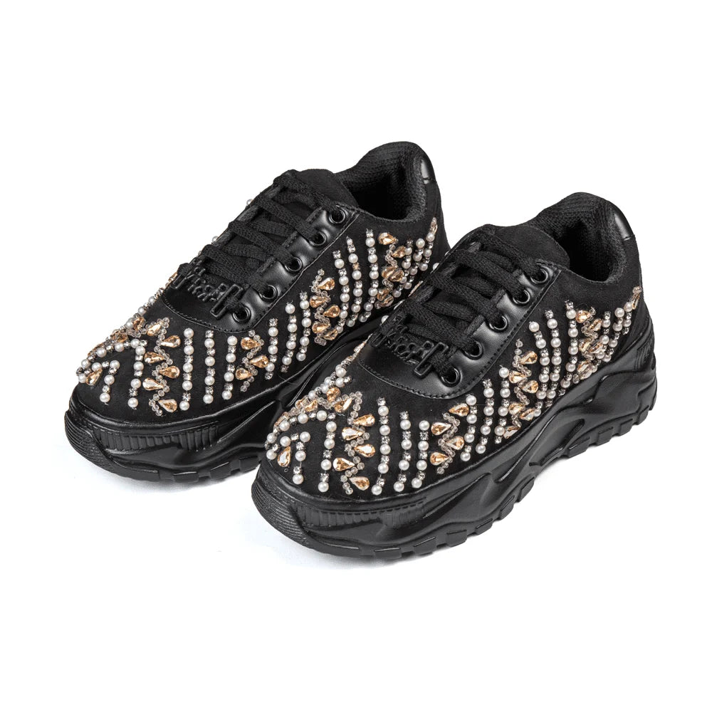 The Tessa Luxury Black Satin Embellished Trainer