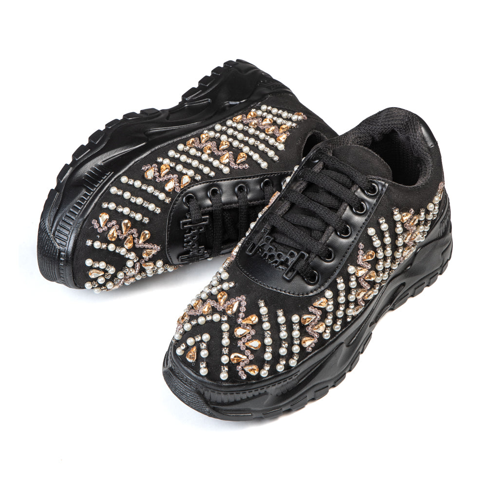 The Tessa Luxury Black Satin Embellished Trainer
