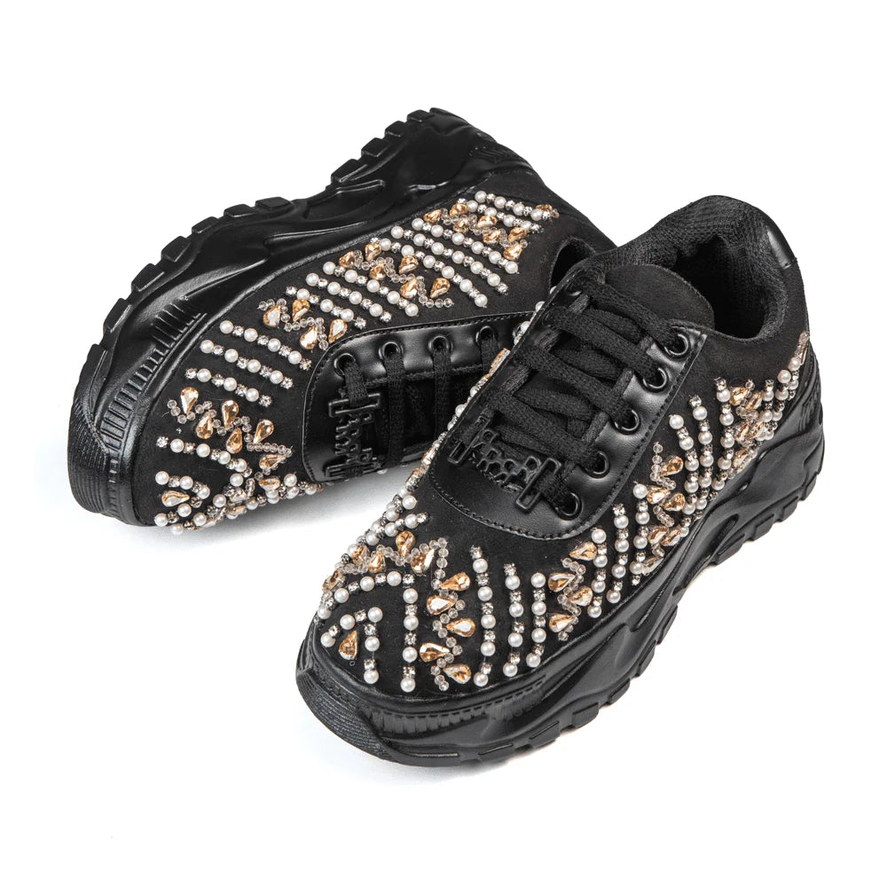The Tessa Luxury Black Satin Embellished Trainer