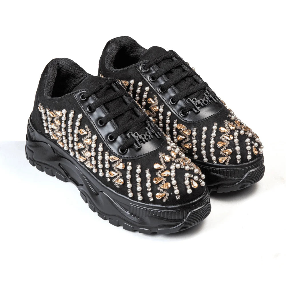 The Tessa Luxury Black Satin Embellished Trainer