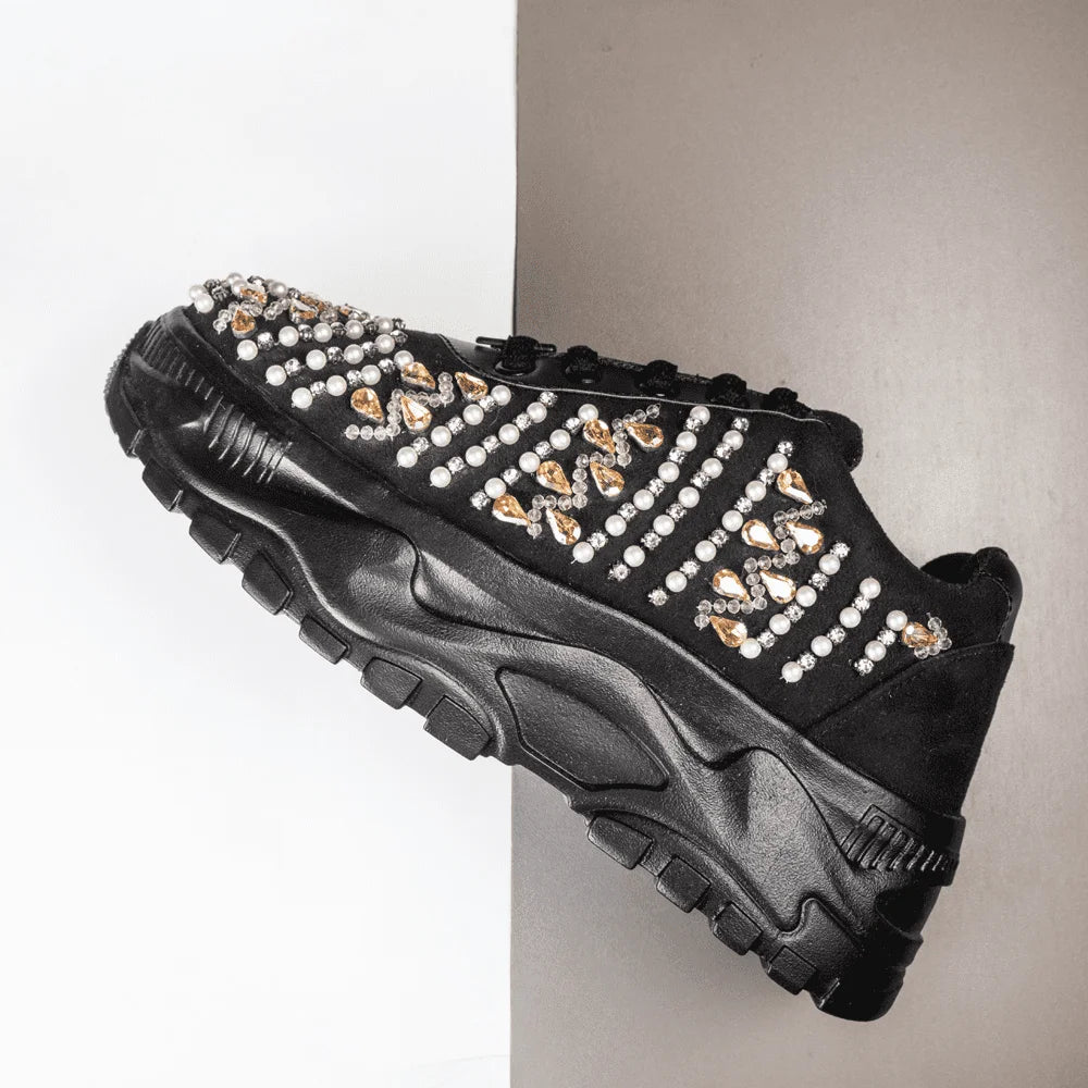 The Tessa Luxury Black Satin Embellished Trainer