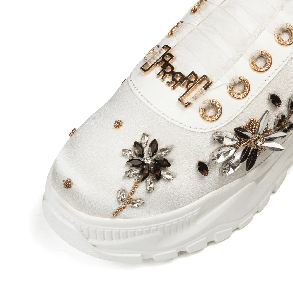 The Gabriella Luxury Cream Satin Embellished Trainer