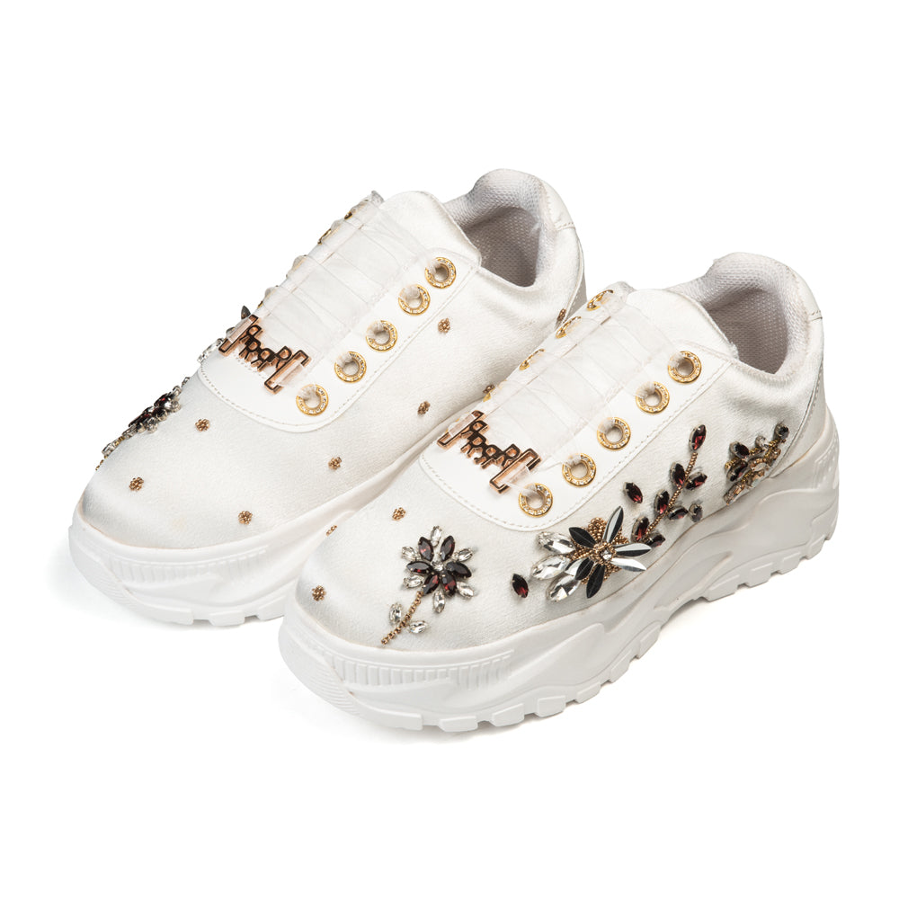 The Gabriella Luxury Cream Satin Embellished Trainer